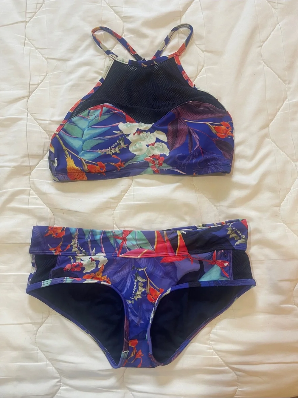 Athleta women’s Floral High-Neck Bikini in Navy with Multicolor Print